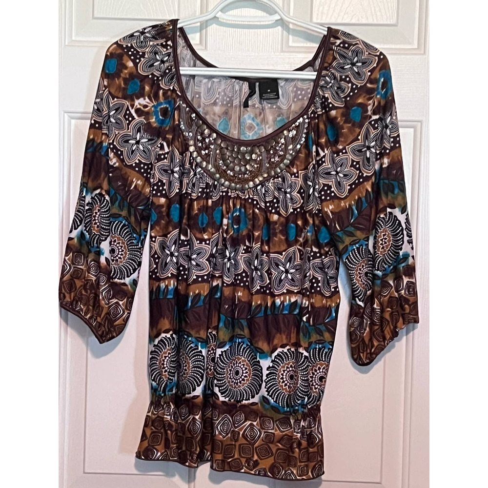New Directions Women's Brown Black Teal Embellished 3/4 Sleeves Blouse Size M‎